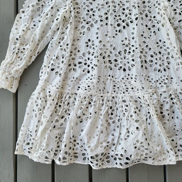 Women's White Sheer Eyelet Long Sleeves Puff‎ Shoulder Flounce Hem Mini Dress L - Picture 3 of 8